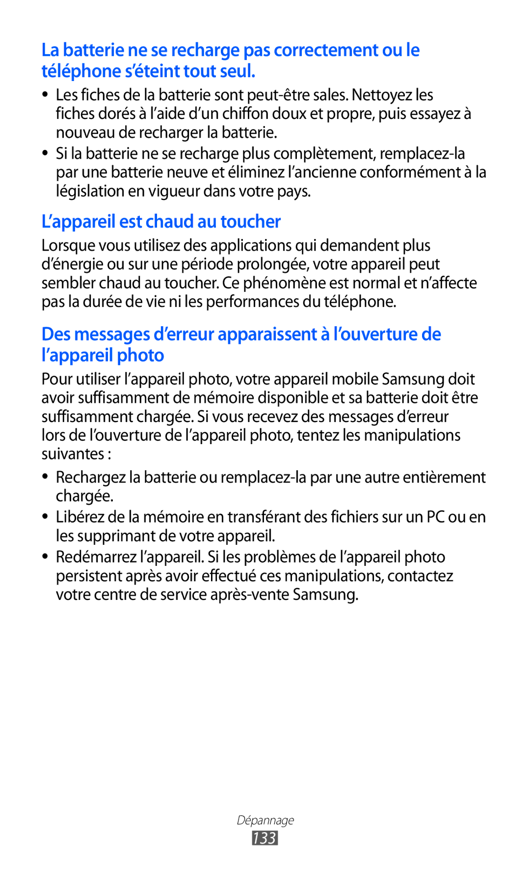 Samsung GT-S8500HKASFR, GT-S8500HKAXEF, GT-S8500HKABOG, GT-S8500BAASFR, GT-S8500BAAVGF ’appareil est chaud au toucher, 133 