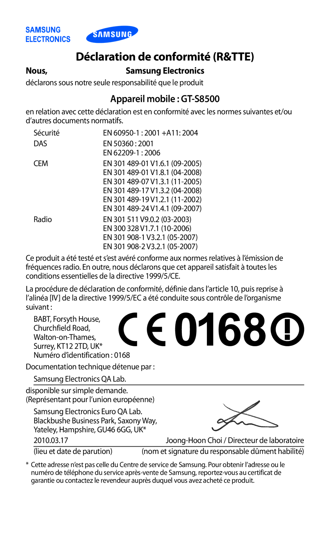 Samsung GT-S8500BAAFTB, GT-S8500HKAXEF, GT-S8500HKABOG, GT-S8500BAASFR, GT-S8500BAAVGF manual Déclaration de conformité R&TTE 