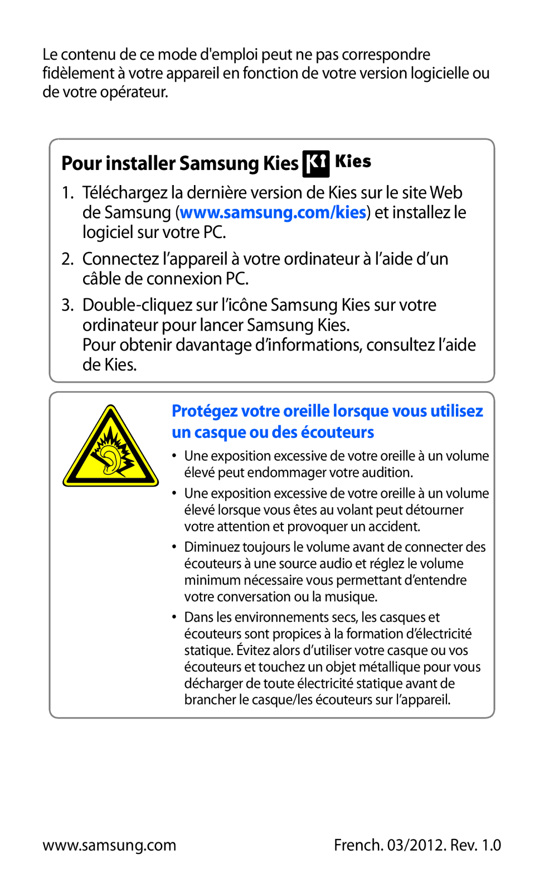 Samsung GT-S8500HKAXEF, GT-S8500HKABOG, GT-S8500BAASFR, GT-S8500BAAVGF, GT-S8500BAAORC manual Pour installer Samsung Kies 