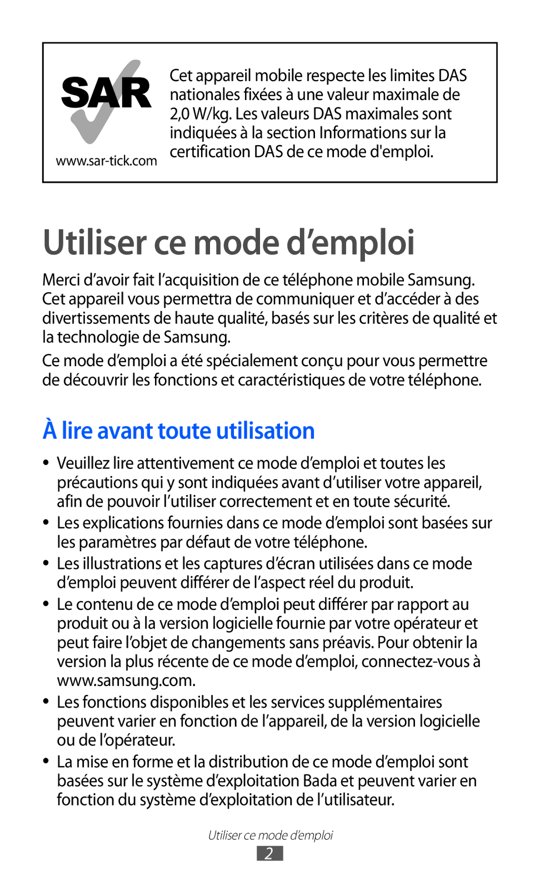 Samsung GT-S8500BAASFR, GT-S8500HKAXEF, GT-S8500HKABOG manual Utiliser ce mode d’emploi, Lire avant toute utilisation 