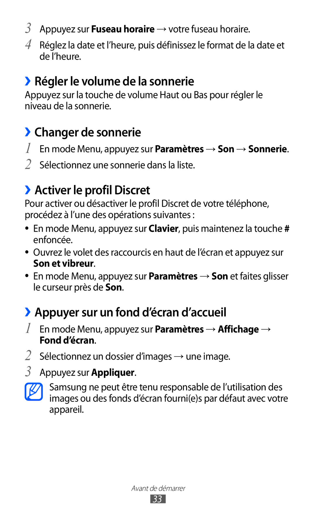 Samsung GT-S8500BAAORN ››Régler le volume de la sonnerie, ››Changer de sonnerie, ››Activer le profil Discret, Fond d’écran 