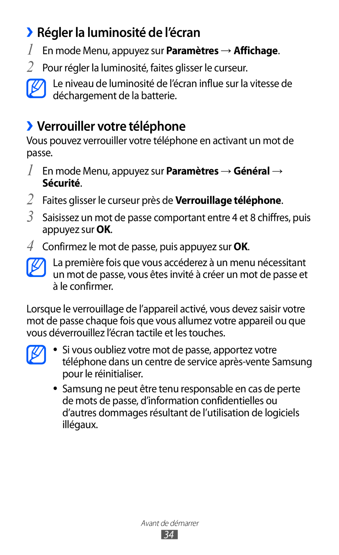 Samsung GT-S8500BAABOG, GT-S8500HKAXEF, GT-S8500HKABOG ››Régler la luminosité de l’écran, ››Verrouiller votre téléphone 