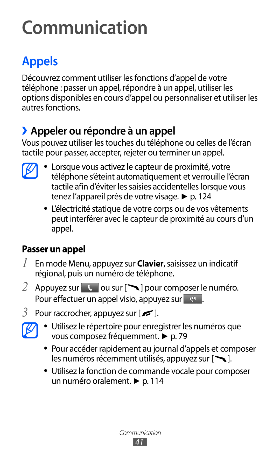 Samsung GT-S8500BAAFTB, GT-S8500HKAXEF, GT-S8500HKABOG manual Communication, Appels, ››Appeler ou répondre à un appel 