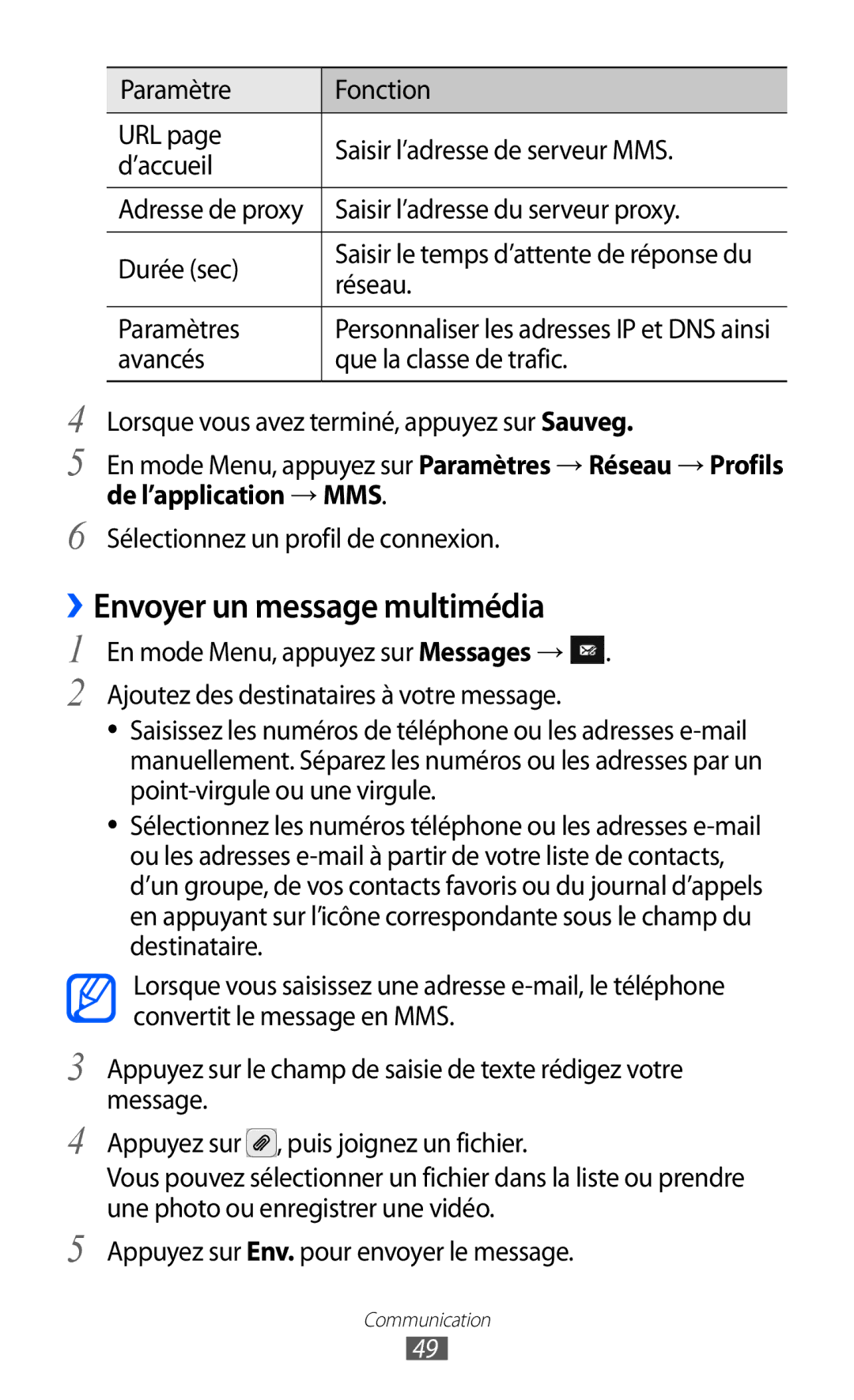 Samsung GT-S8500HKASFR ››Envoyer un message multimédia, Saisir l’adresse du serveur proxy, Durée sec, Réseau, Paramètres 