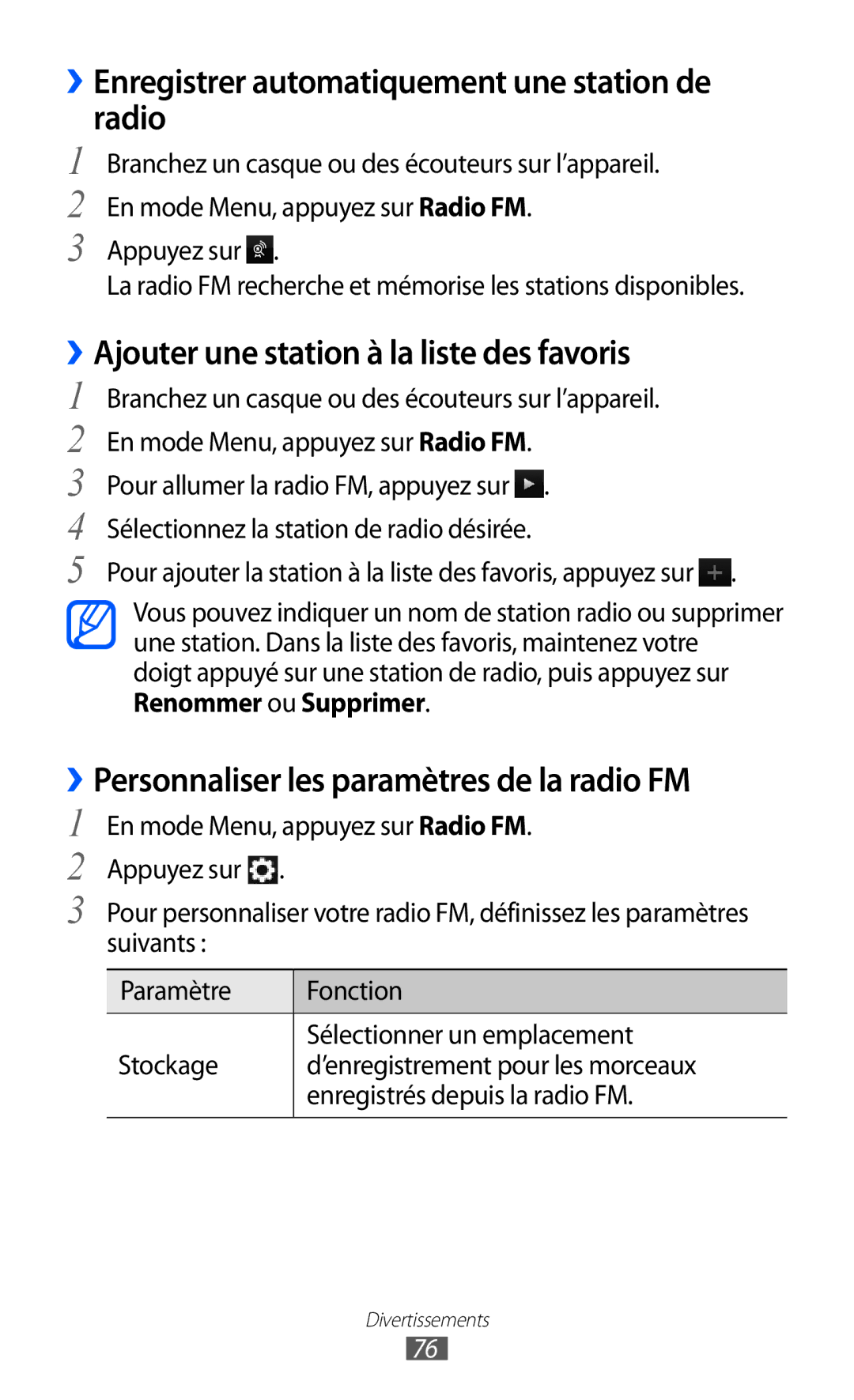 Samsung GT-S8500BAABOG ››Enregistrer automatiquement une station de radio, ››Ajouter une station à la liste des favoris 