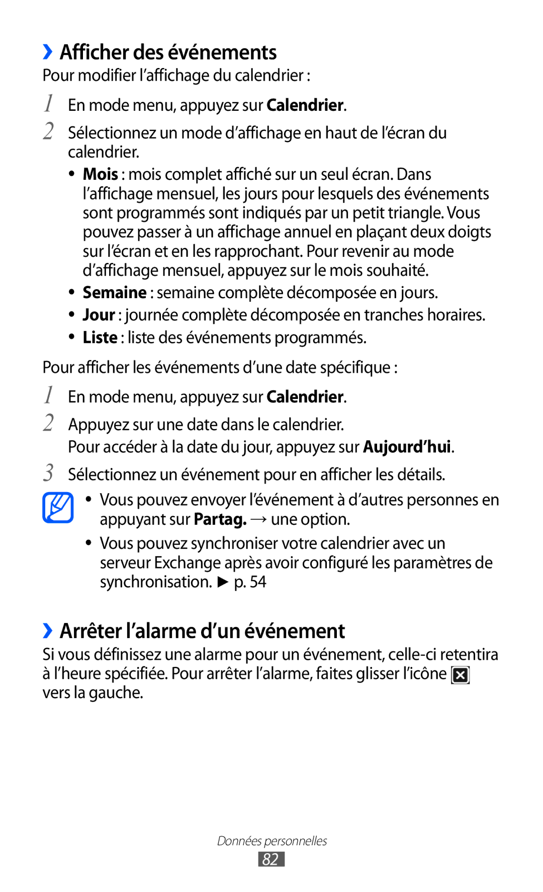 Samsung GT-S8500BAAXEF, GT-S8500HKAXEF, GT-S8500HKABOG manual ››Afficher des événements, ››Arrêter l’alarme d’un événement 