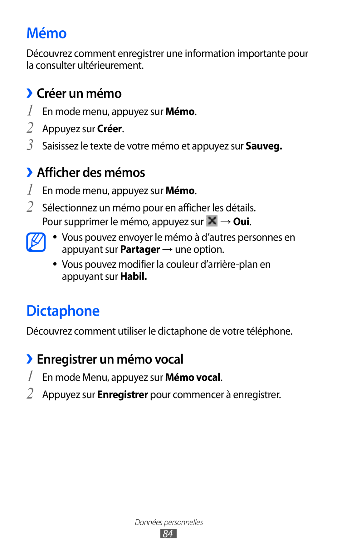 Samsung GT-S8500HKAXEF manual Mémo, Dictaphone, ››Créer un mémo, ››Afficher des mémos, ››Enregistrer un mémo vocal 