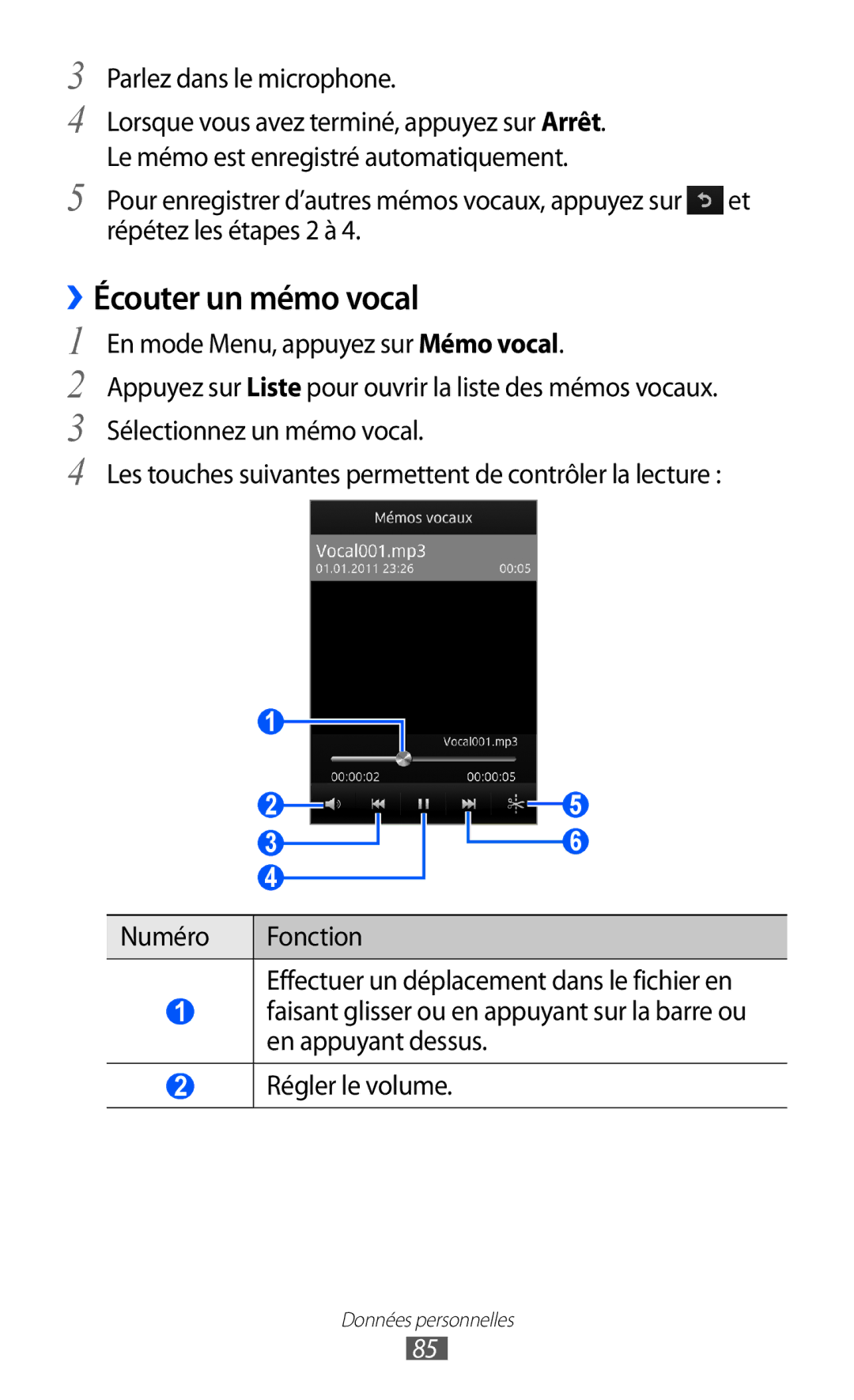 Samsung GT-S8500HKABOG, GT-S8500HKAXEF, GT-S8500BAASFR, GT-S8500BAAVGF ››Écouter un mémo vocal, Parlez dans le microphone 