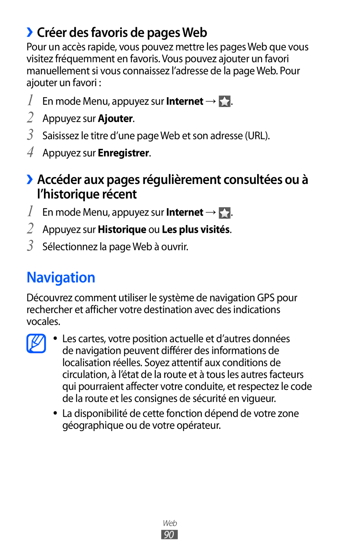 Samsung GT-S8500BAABOG, GT-S8500HKAXEF Navigation, ››Créer des favoris de pages Web, En mode Menu, appuyez sur Internet → 