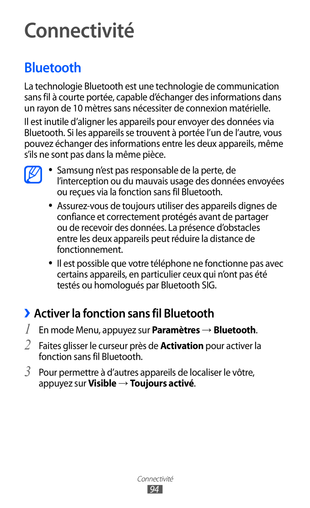 Samsung GT-S8500GAAXEF, GT-S8500HKAXEF, GT-S8500HKABOG manual Connectivité, ››Activer la fonction sans fil Bluetooth 