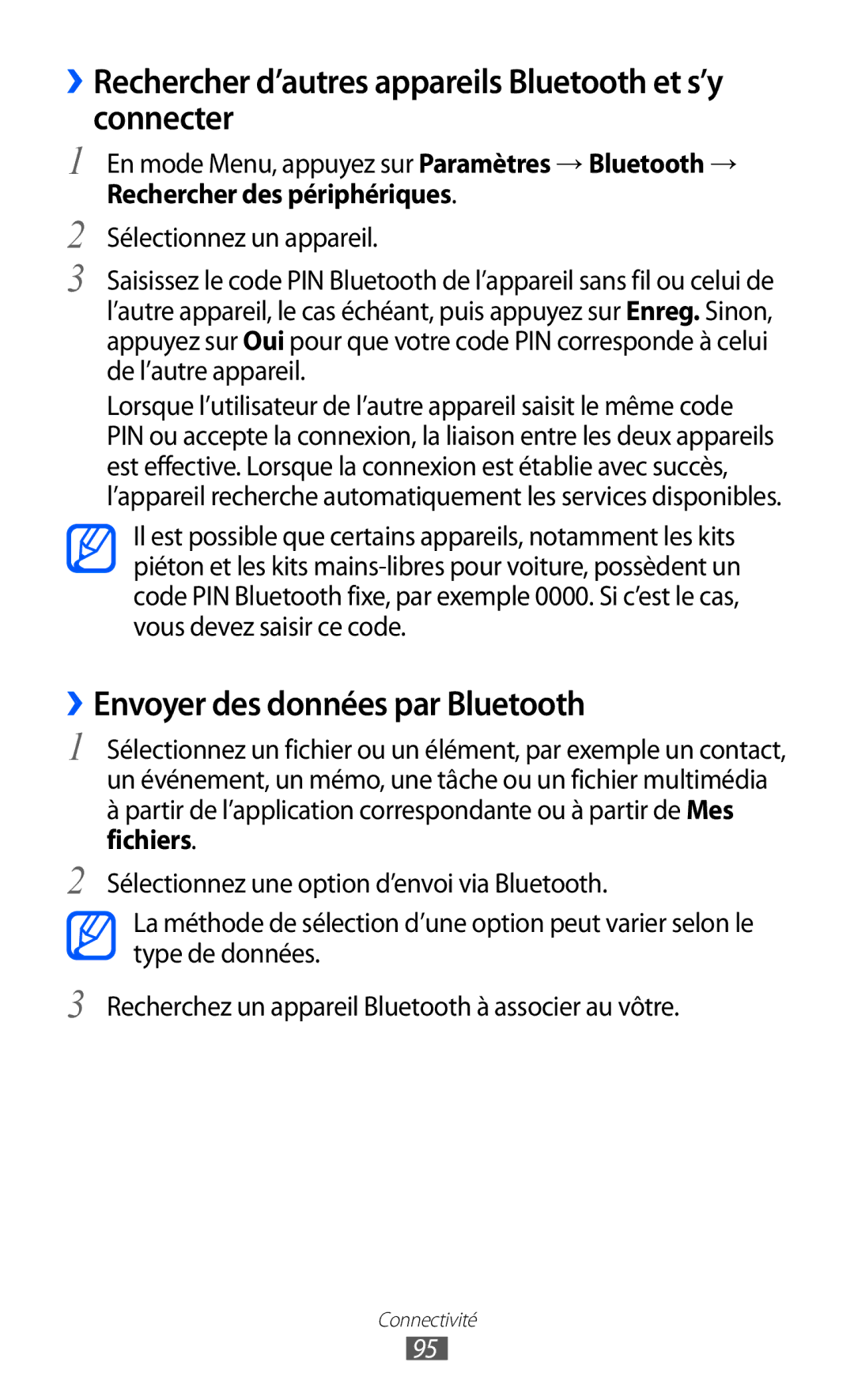 Samsung GT-S8500HKAFTM ››Rechercher d’autres appareils Bluetooth et s’y connecter, ››Envoyer des données par Bluetooth 