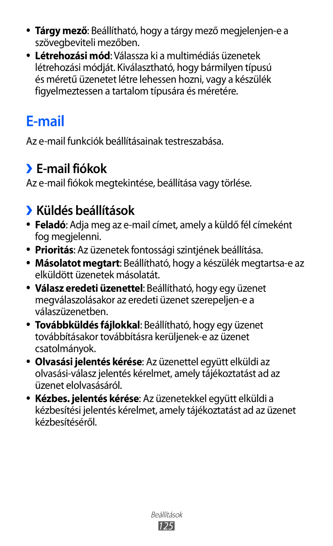 Samsung GT-S8500BAAXEH manual ››E-mail fiókok, ››Küldés beállítások, Az e-mail funkciók beállításainak testreszabása, 125 