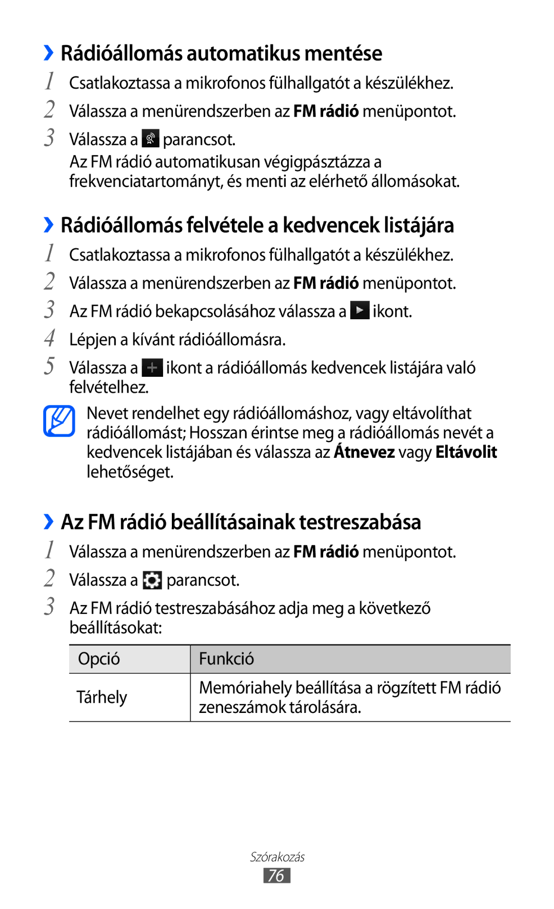 Samsung GT-S8500BAACOA, GT-S8500HKAXEO ››Rádióállomás automatikus mentése, ››Rádióállomás felvétele a kedvencek listájára 