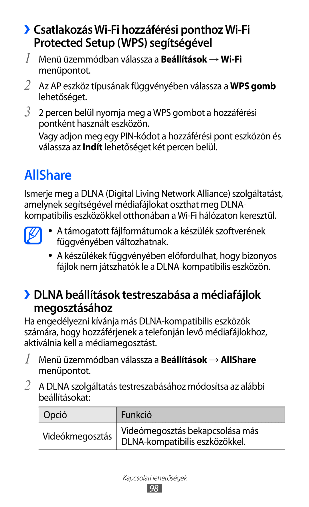 Samsung GT-S8500BAATMH, GT-S8500HKAXEO manual AllShare, Videómegosztás bekapcsolása más, DLNA-kompatibilis eszközökkel 