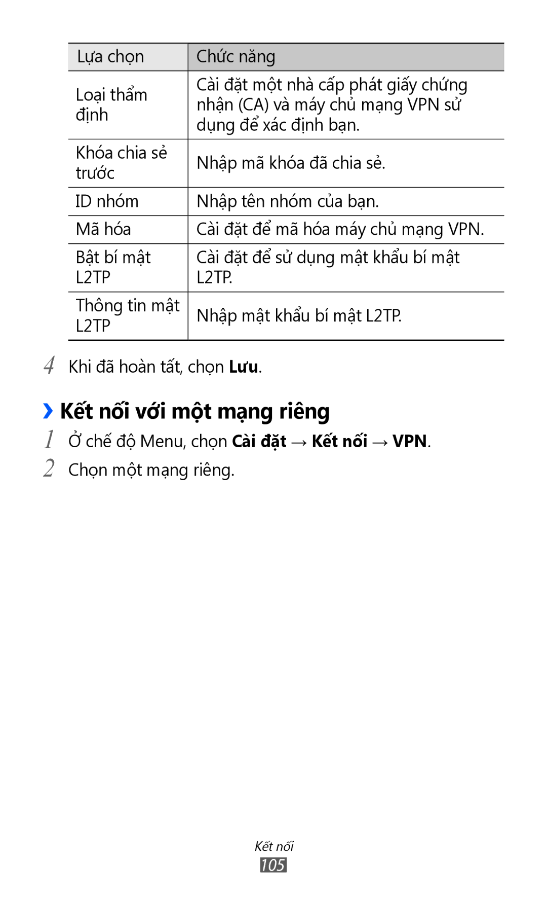 Samsung GT-S8500HKAXEV, GT-S8500ISAXEV, GT-S8500LRAXEV, GT-S8500HKAXXV, GT-S8500BAAXEV manual ››Kết nối với một mạng riêng 