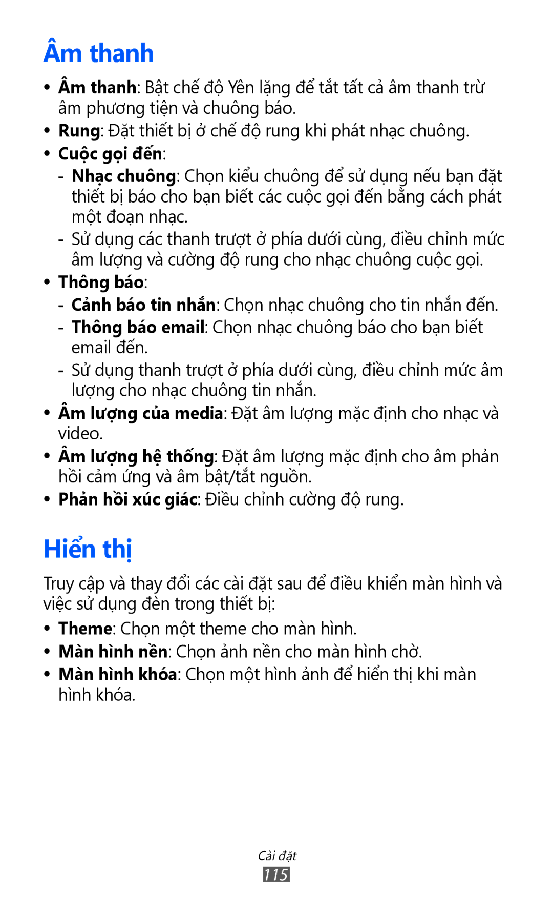 Samsung GT-S8500HKAXXV, GT-S8500HKAXEV, GT-S8500ISAXEV, GT-S8500LRAXEV, GT-S8500BAAXEV manual Âm thanh, Hiên thi, Thông báo 