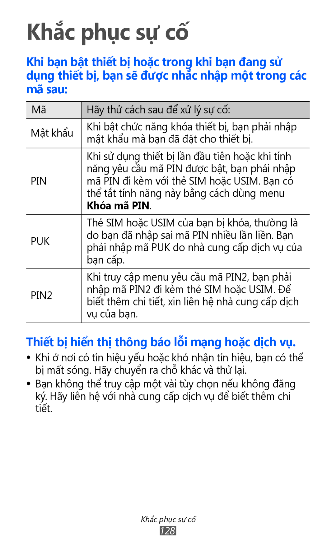 Samsung GT-S8500LRAXEV, GT-S8500HKAXEV, GT-S8500ISAXEV, GT-S8500HKAXXV, GT-S8500BAAXEV manual Khắc phục sự cố, Khóa ma PIN 