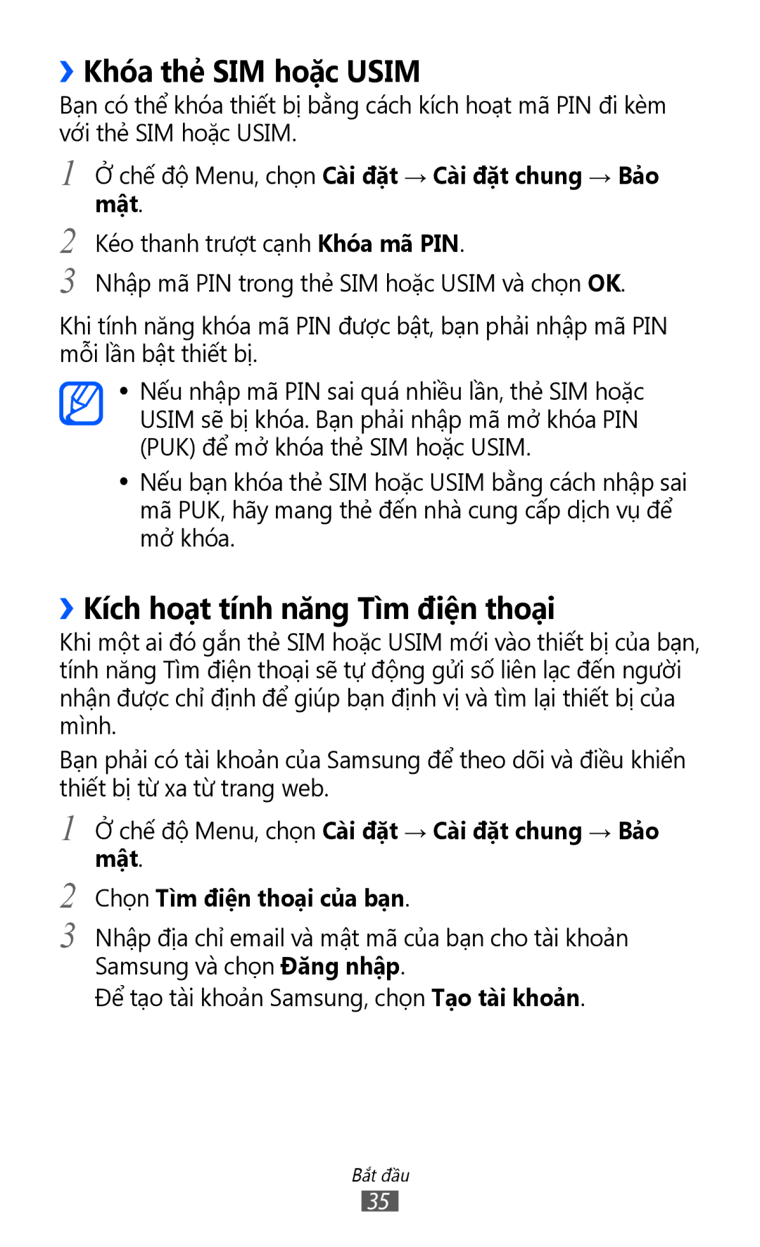 Samsung GT-S8500HKAXEV, GT-S8500ISAXEV, GT-S8500LRAXEV manual ››Khóa thẻ SIM hoặc Usim, ››Kích hoạt tính năng Tìm điện thoại 