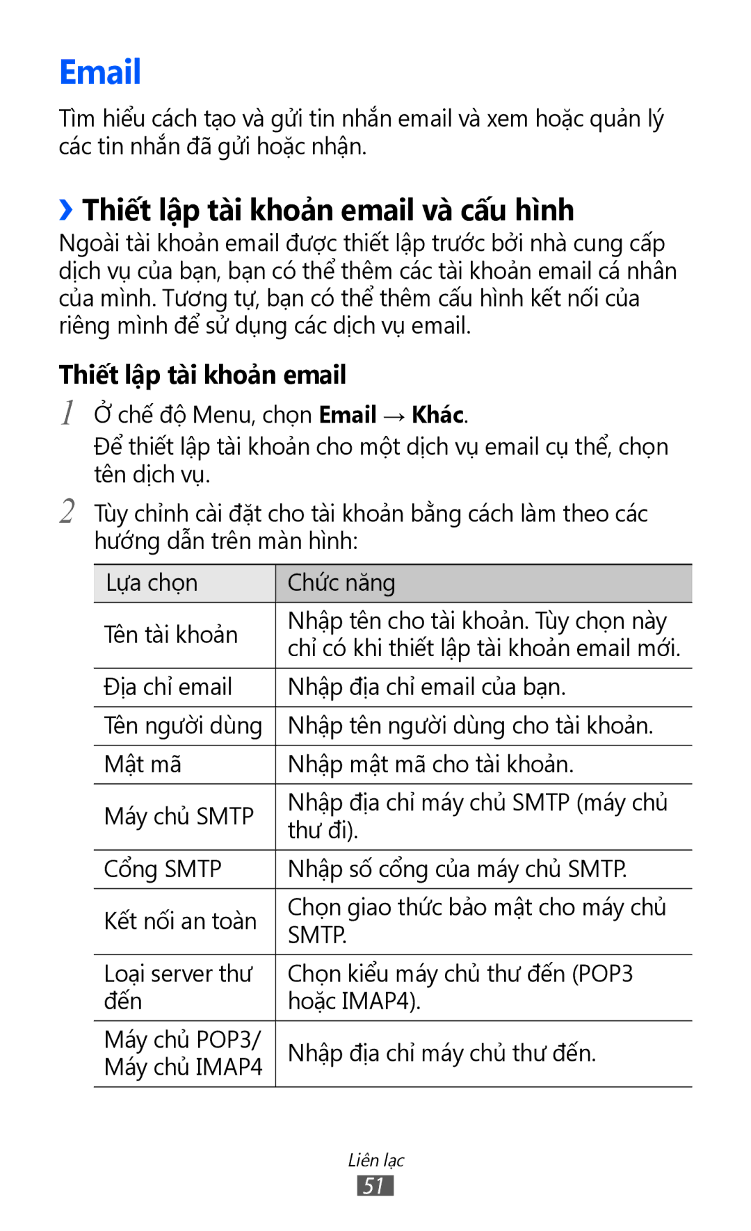 Samsung GT-S8500LRAXEV, GT-S8500HKAXEV, GT-S8500ISAXEV, GT-S8500HKAXXV manual ››Thiết lập tài khoản email và cấu hình 