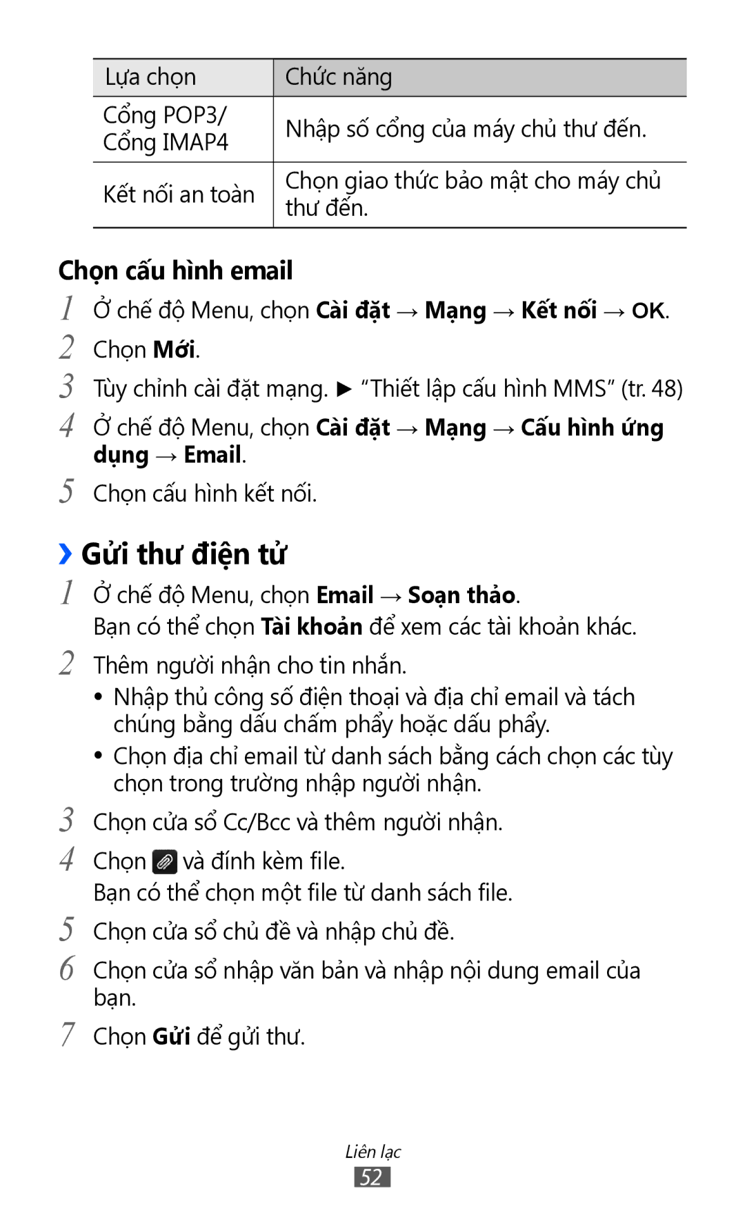 Samsung GT-S8500HKAXXV, GT-S8500HKAXEV manual ››Gửi thư điện tử, Chế độ Menu, chọn Cài đặt → Mạng → Kết nối → OK Chọn Mới 
