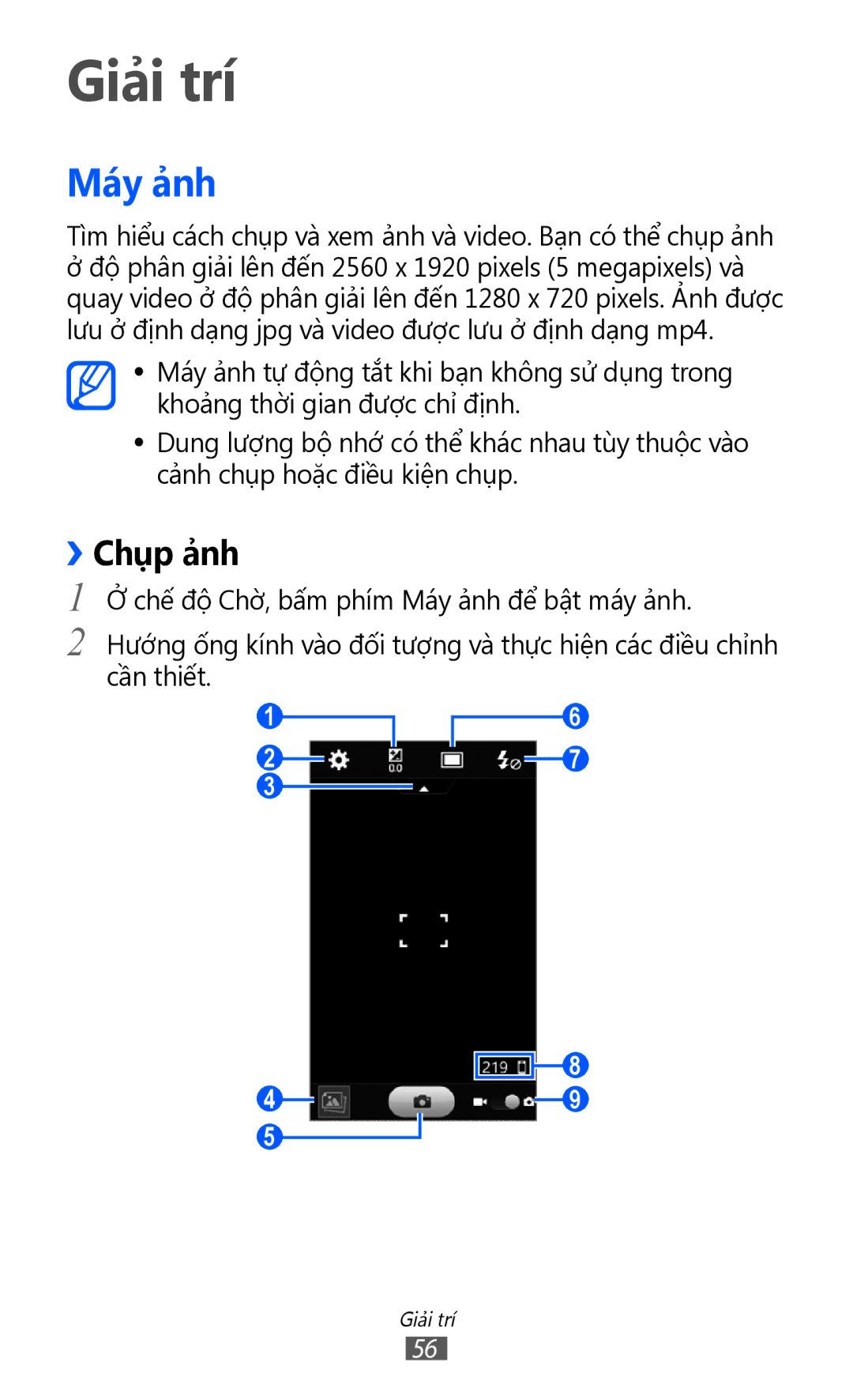 Samsung GT-S8500HKAXEV, GT-S8500ISAXEV, GT-S8500LRAXEV, GT-S8500HKAXXV, GT-S8500BAAXEV manual Giải trí, Máy ảnh, ››Chụp ảnh 