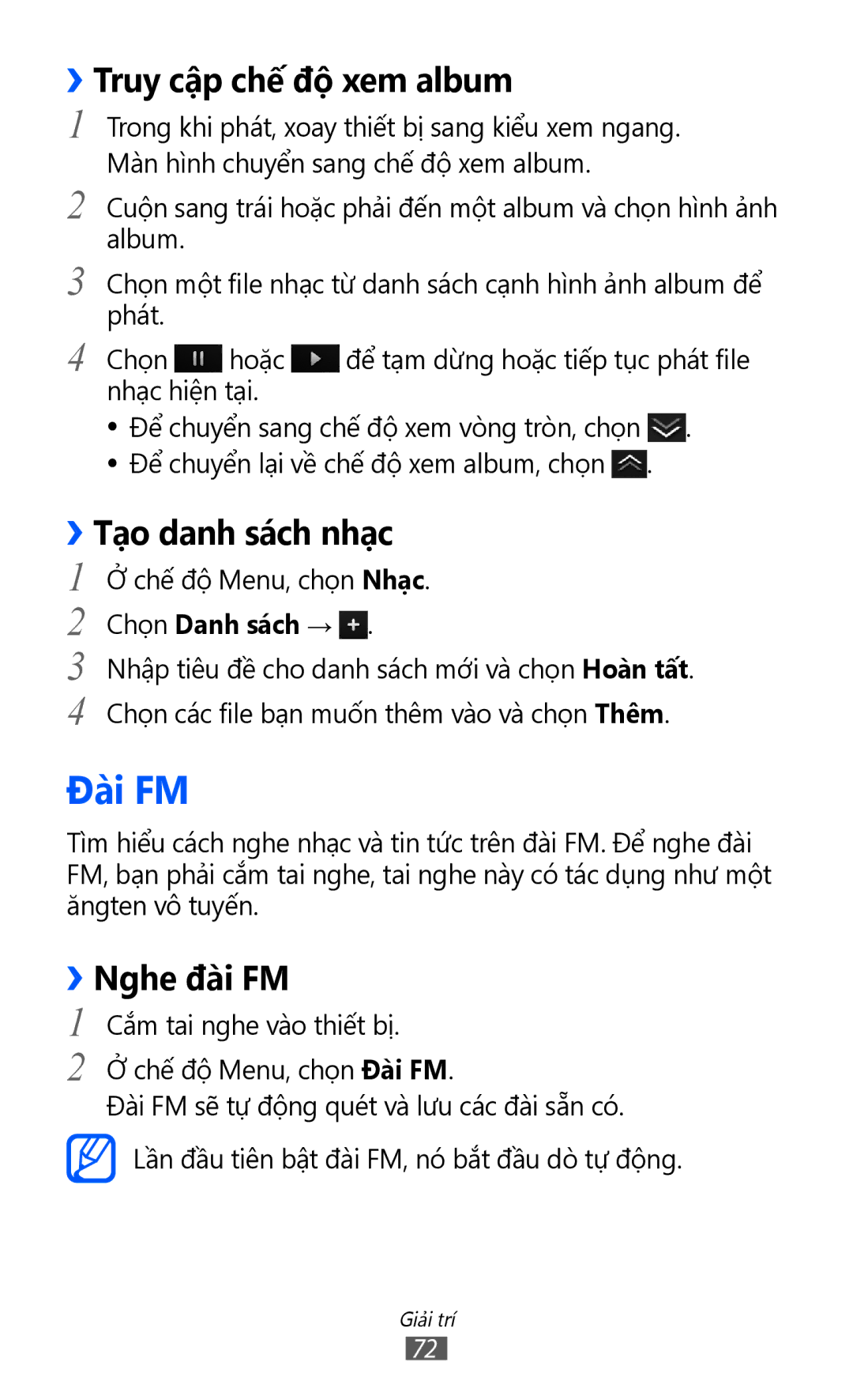 Samsung GT-S8500LRAXEV manual Đài FM, ››Truy cập chế độ xem album, Tạo danh sách nhạc, ››Nghe đài FM, Chọn Danh sách → 