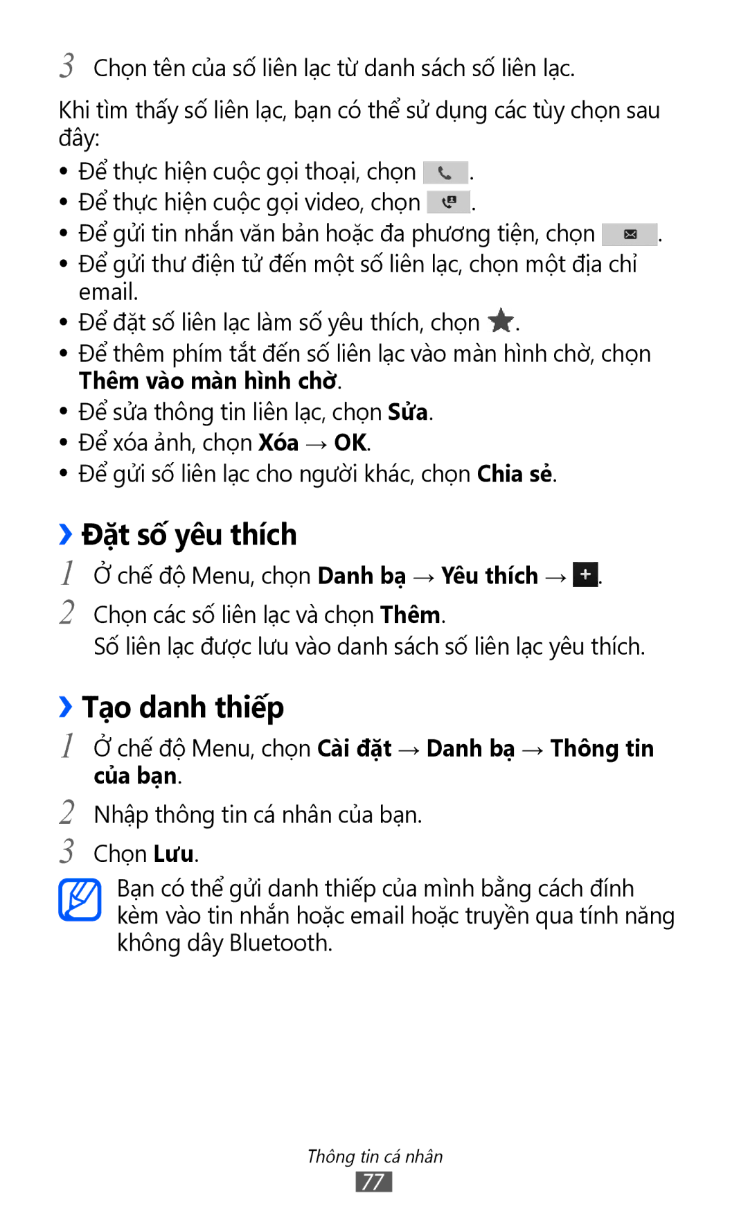 Samsung GT-S8500HKAXEV manual ››Đặt số yêu thích, ››Tạo danh thiếp, Chế độ Menu, chọn Cài đặt → Danh bạ → Thông tin của bạn 