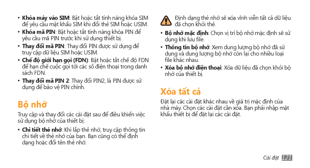 Samsung GT-S8500HKAXXV, GT-S8500HKAXEV, GT-S8500ISAXEV, GT-S8500LRAXEV, GT-S8500BAAXEV, GT-S8500BAAXXV manual Bộ nhớ, Xóa tất cả 