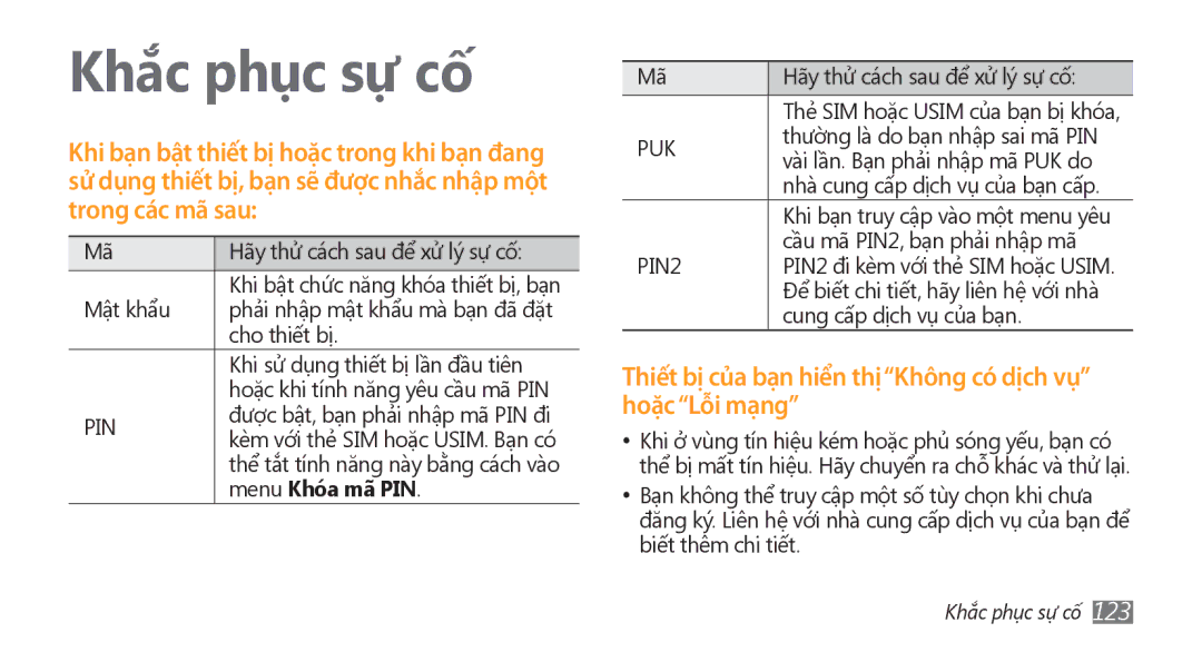 Samsung GT-S8500BAAXXV, GT-S8500HKAXEV, GT-S8500ISAXEV, GT-S8500LRAXEV, GT-S8500HKAXXV manual Khắc phục sự cố, Menu Khóa mã PIN 