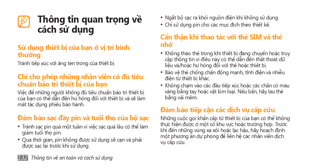 Samsung GT-S8500HKAXEV, GT-S8500ISAXEV manual Thông tin quan trọng về cách sử dụng, 132 Thông tin về an toàn và cách sử dụng 