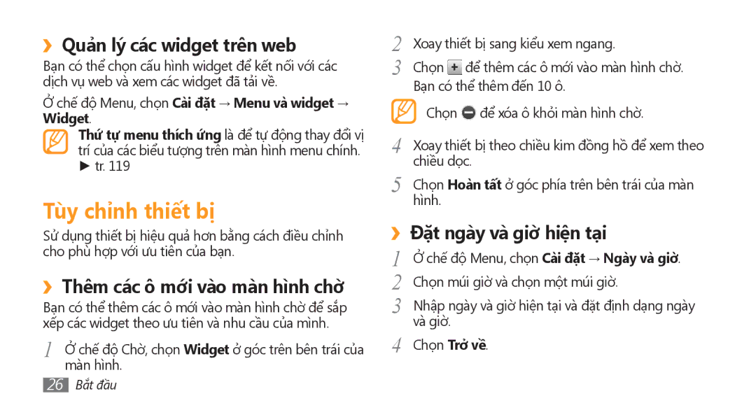 Samsung GT-S8500PDAXEV manual Tùy chỉnh thiết bị, ››Quản lý các widget trên web, ››Thêm các ô mới vào màn hì̀nh chờ 