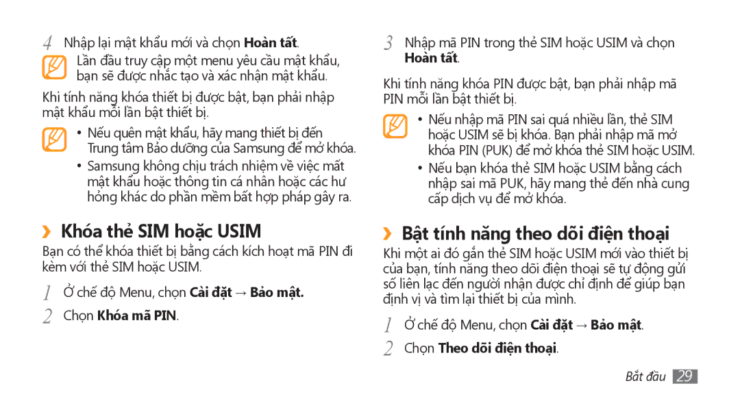 Samsung GT-S8500LRAXEV, GT-S8500HKAXEV ››Khóa thẻ SIM hoặc Usim, ››Bật tính năng theo dõi điện thoại, Chọn Khóa mã PIN 