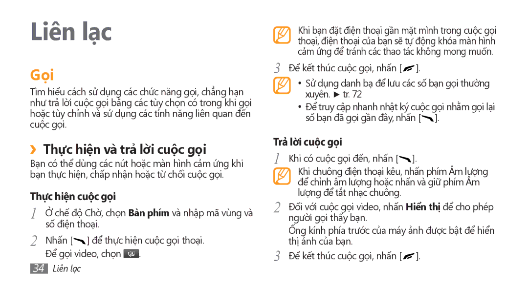Samsung GT-S8500HKAXEV manual Liên lạc, Gọi, ››Thực hiện và trả lời cuộc gọi, Thực hiện cuộc gọi, Trả lời cuộc gọi 