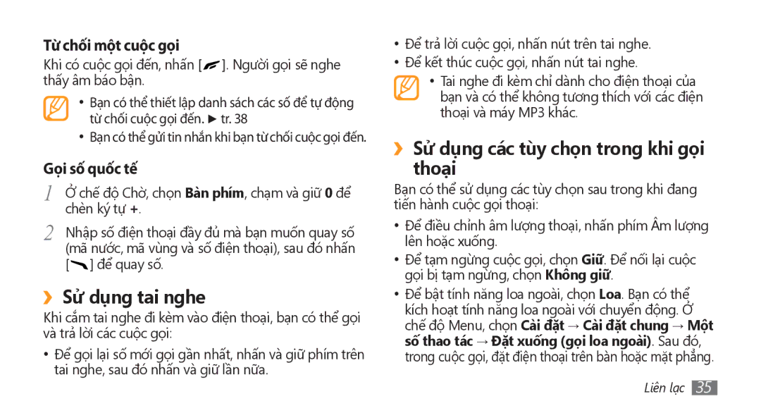 Samsung GT-S8500ISAXEV manual ››Sử dụng tai nghe, ››Sử dụng các tùy chọn trong khi gọi thoại, Từ chối môt cuôc goi 