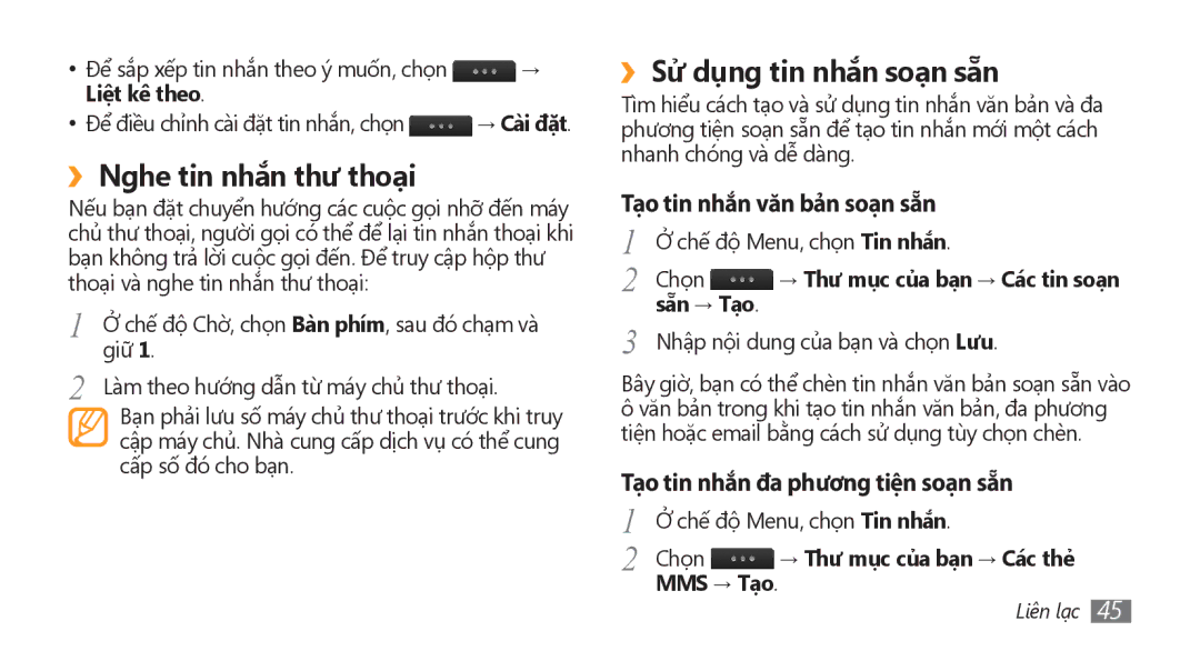 Samsung GT-S8500BAAXEV manual ››Nghe tin nhắn thư thoại, ››Sử dụng tin nhắn soạn sẵn, Tạo tin nhắn văn bản soạn sẵn 