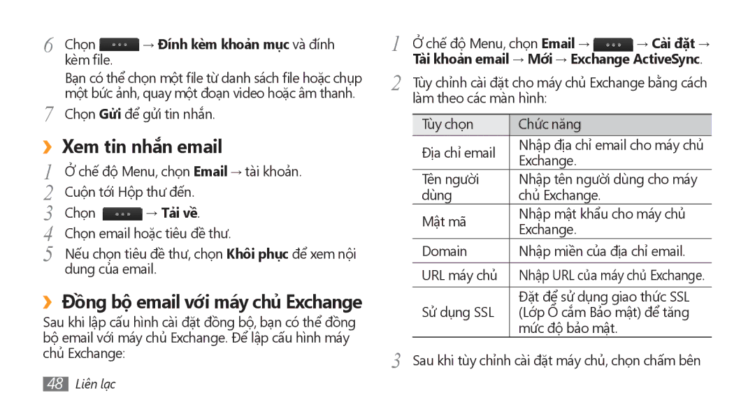 Samsung GT-S8500HKAXEV, GT-S8500ISAXEV manual ››Xem tin nhắn email, → Đính kèm khoản mục và đính, → Tải về, → Cài đặt → 