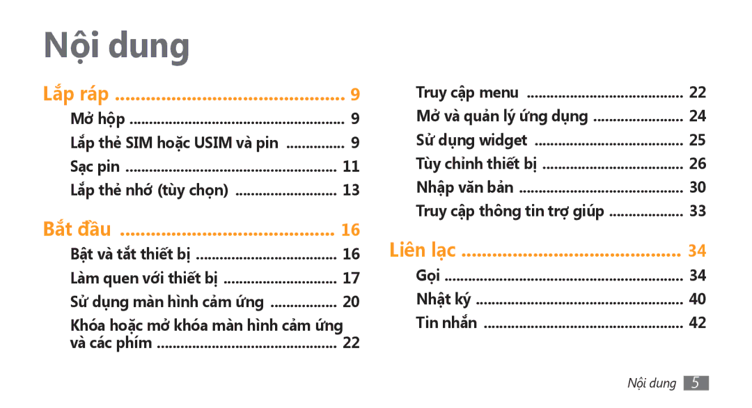 Samsung GT-S8500PDAXEV manual Nội dung, Lắp thẻ nhớ tùy chọn, Mở và quản lý ứ́ng dụng, Truy cập thông tin trợ giúp 