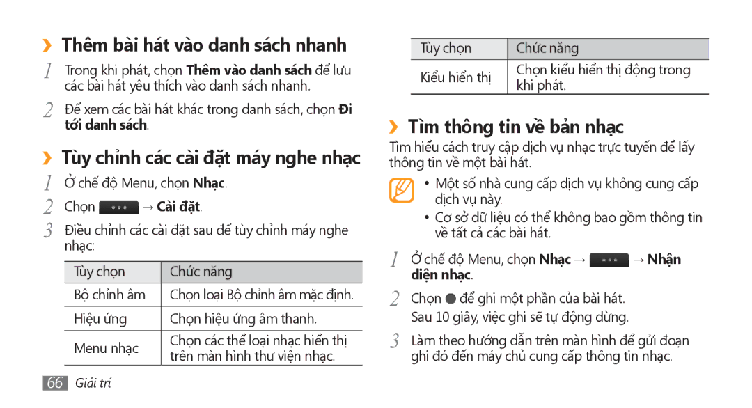 Samsung GT-S8500BAAXEV, GT-S8500HKAXEV manual ››Thêm bài hát vào danh sách nhanh, ››Tùy chỉnh các cài đặt máy nghe nhạc 