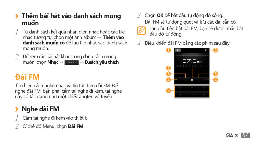 Samsung GT-S8500BAAXXV, GT-S8500HKAXEV Đài FM, ››Thêm bài hát vào danh sách mong muốn, ››Nghe đài FM, → D.sách yêu thích 