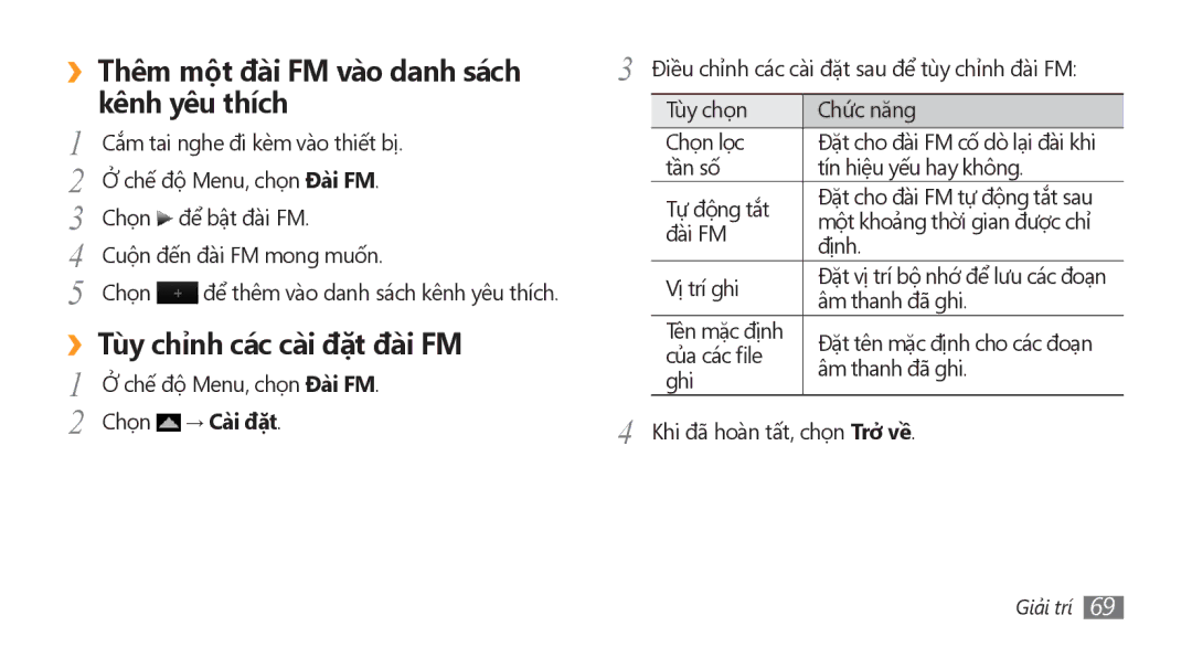 Samsung GT-S8500HKAXEV, GT-S8500ISAXEV manual ››Thêm một đài FM vào danh sách kênh yêu thích, ››Tùy chỉnh các cài đặt đài FM 