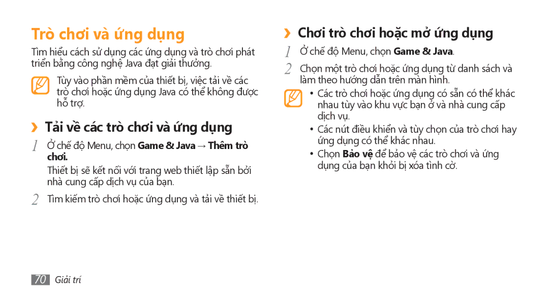 Samsung GT-S8500ISAXEV manual Trò chơi và ứ́ng dụng, ››Tải về các trò chơi và ứ́ng dụng, ››Chơi trò chơi hoặc mở ứ́ng dụng 