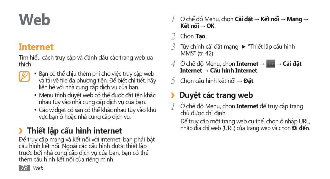 Samsung GT-S8500LRAXEV manual Web, ››Thiết lập cấu hì̀nh internet, ››Duyệt các trang web, Internet → Cấu hì̀nh Internet 