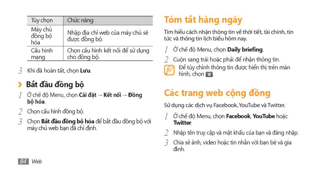 Samsung GT-S8500ISAXEV, GT-S8500HKAXEV manual Tóm tắt hàng ngày, Các trang web cộng đồng, ››Bắt đầu đồng bộ, Twitter 