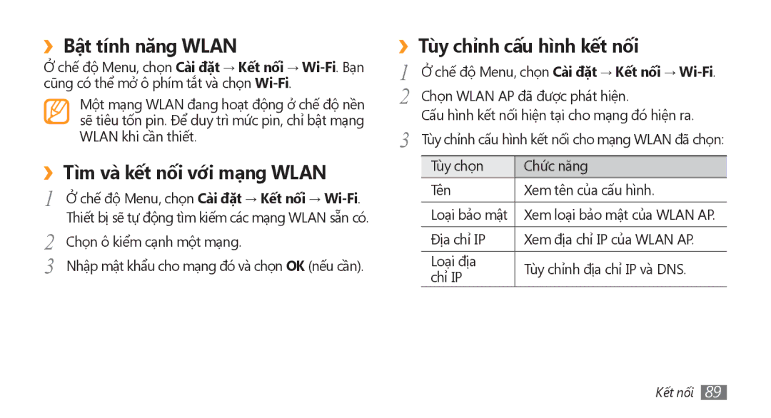 Samsung GT-S8500PDAXEV manual ››Bật tính năng Wlan, ››Tì̀m và kết nối với mạng Wlan, ››Tùy chỉnh cấu hì̀nh kết nối 