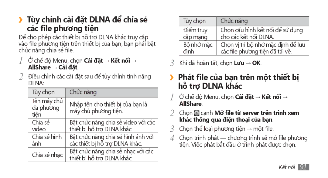 Samsung GT-S8500ISAXEV, GT-S8500HKAXEV manual ››Tùy chỉnh cài đặt Dlna để chia sẻ các file phương tiện, AllShare → Cài đặt 
