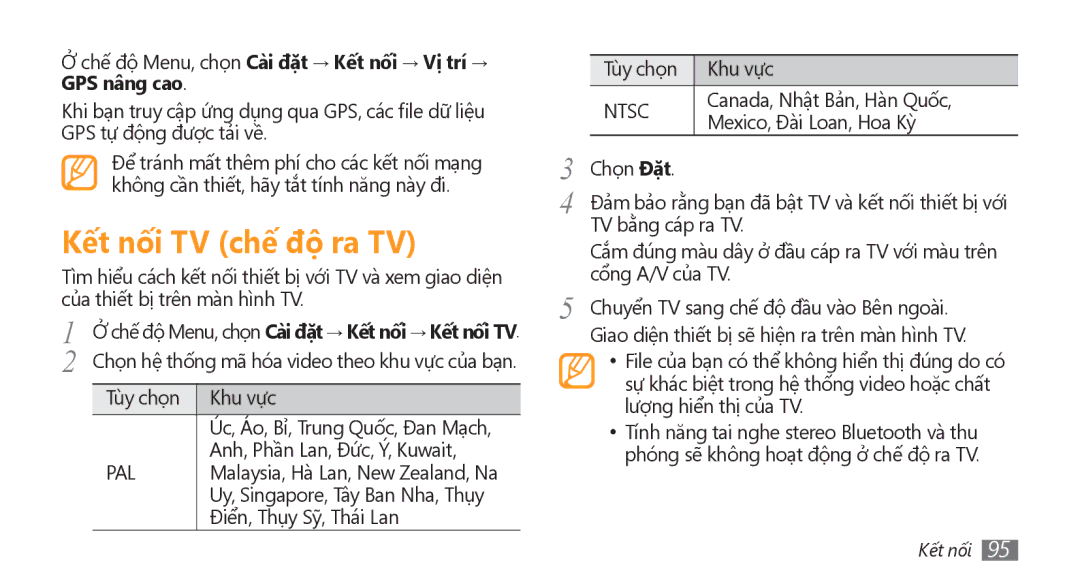 Samsung GT-S8500BAAXXV manual Kết nối TV chế độ ra TV, Chế độ Menu, chọn Cài đặt → Kết nối → Vị trí → GPS nâng cao 