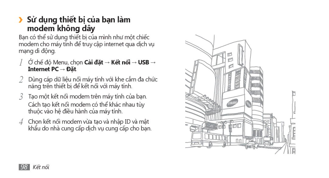 Samsung GT-S8500ISAXEV, GT-S8500HKAXEV, GT-S8500LRAXEV manual ››Sử dụng thiết bị của bạn làm modem không dây, 98 Kết nối 