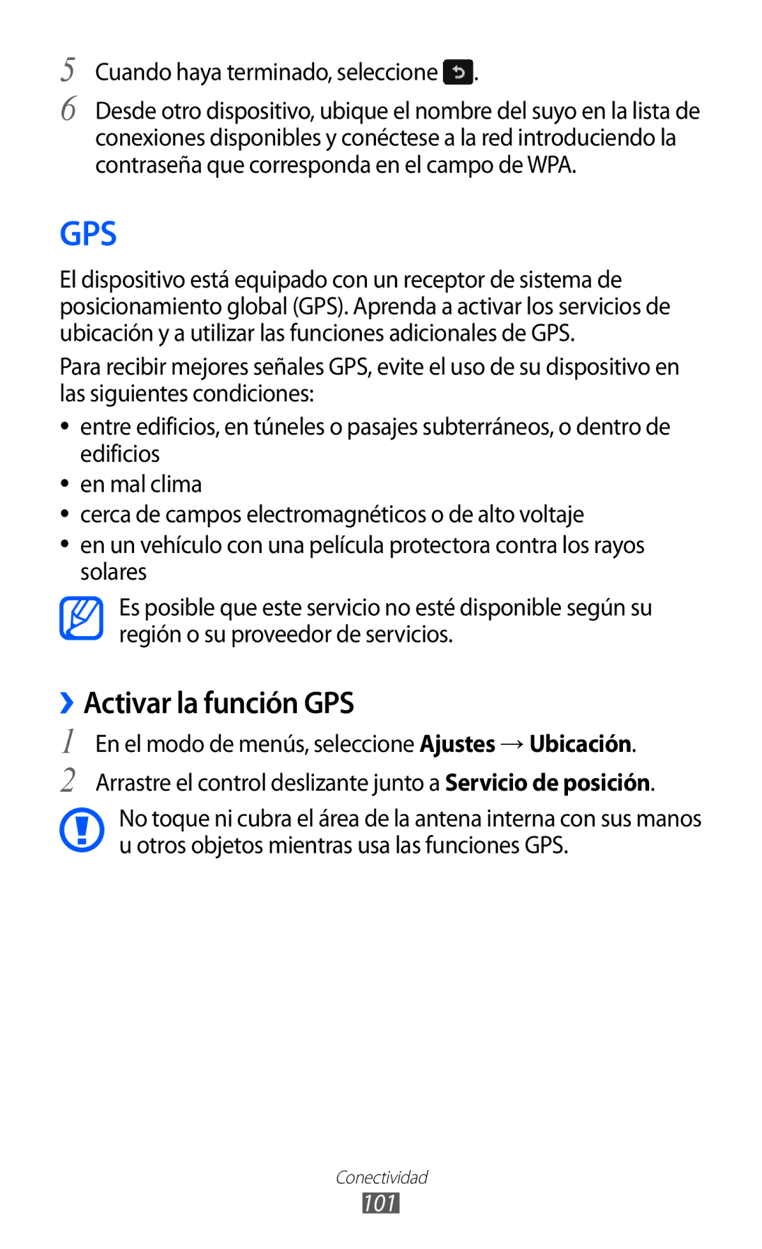 Samsung GT-S8500BAAYOG, GT-S8500PDAFOP, GT-S8500BAATEE ››Activar la función GPS, Cuando haya terminado, seleccione, 101 