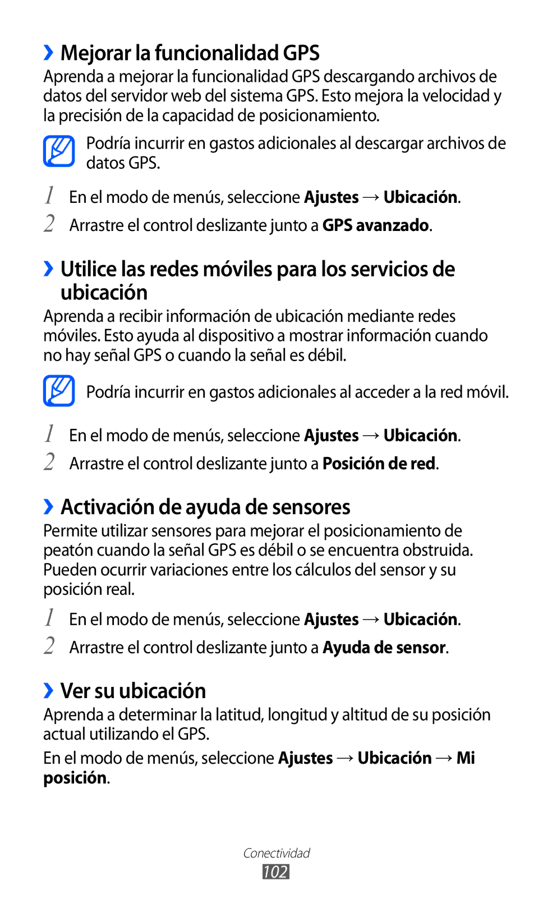 Samsung GT-S8500BAATEE ››Mejorar la funcionalidad GPS, ››Utilice las redes móviles para los servicios de ubicación, 102 