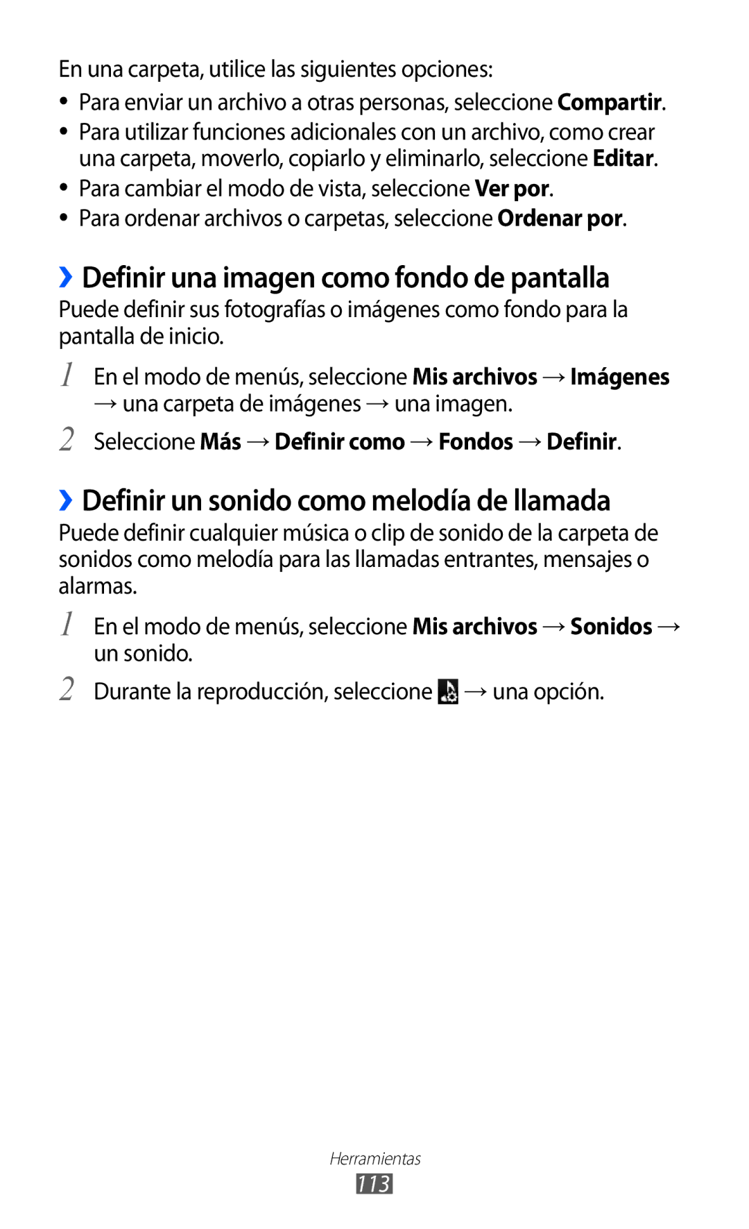 Samsung GT-S8500HKAXEC manual ››Definir una imagen como fondo de pantalla, ››Definir un sonido como melodía de llamada, 113 